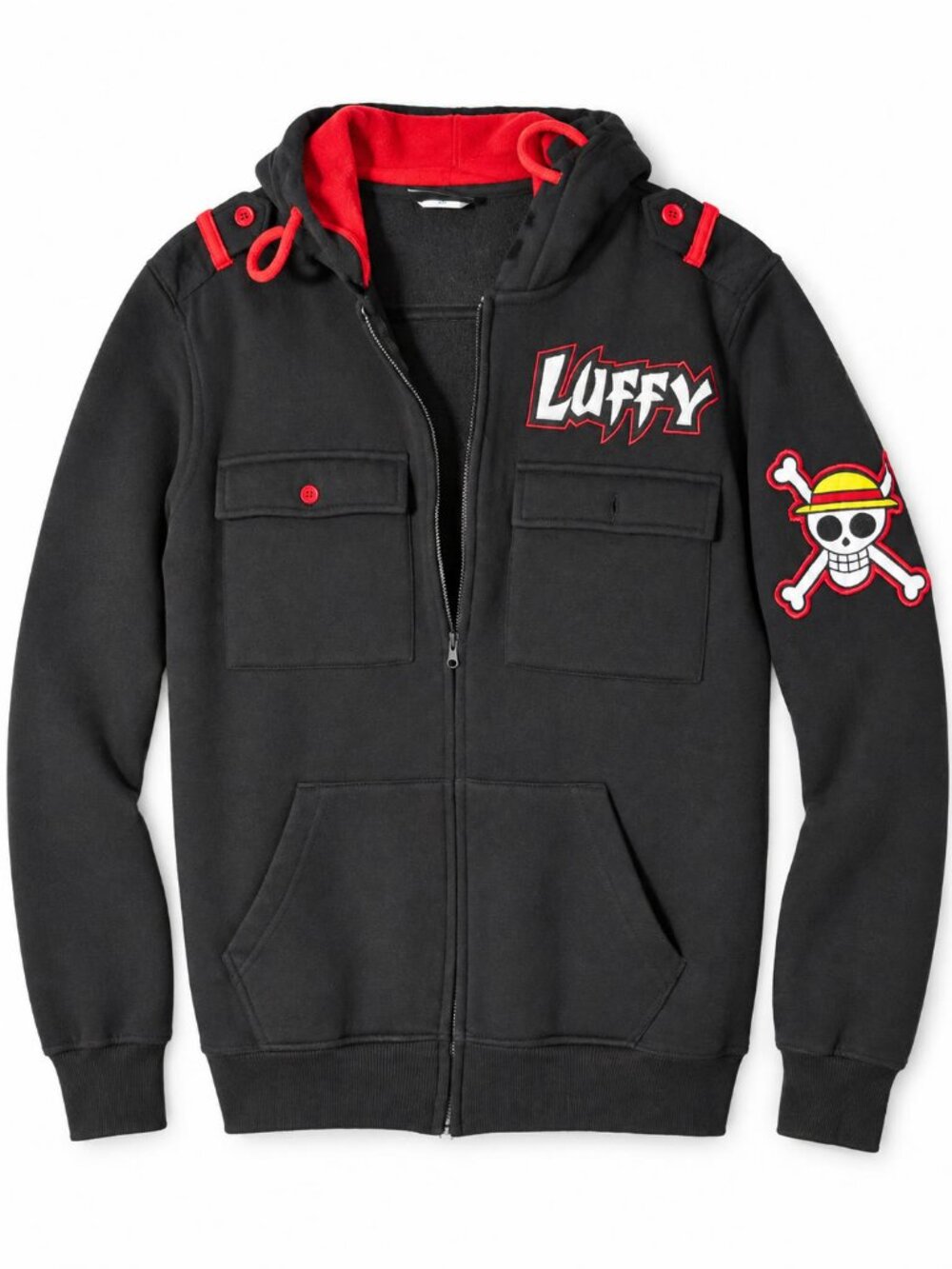 One Piece Luffy Embroidered Zip Hoodie Black Red-Lined Hood